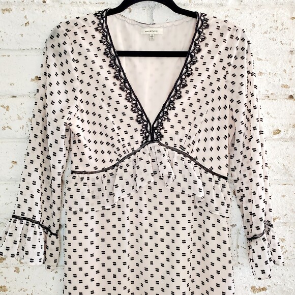 Max Studio Polka Dot Peplum V Neck Ruffle Dress Lace Trim Elastic Waist Sz L - Picture 3 of 13